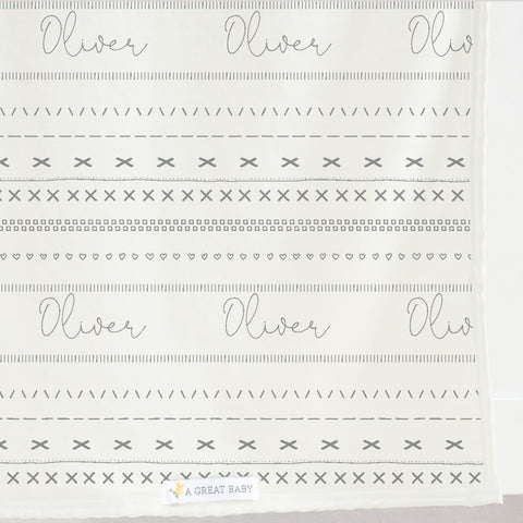 gray mudcloth gender neutral personalized baby blanket