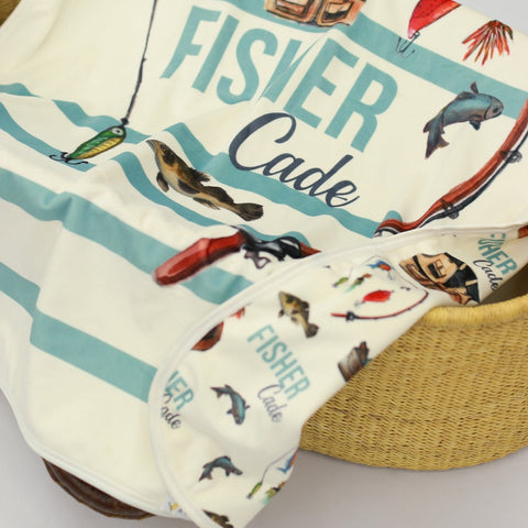 Fishing Theme Personalized Baby Stroller Blanket With Blue Stripes From A Great Baby